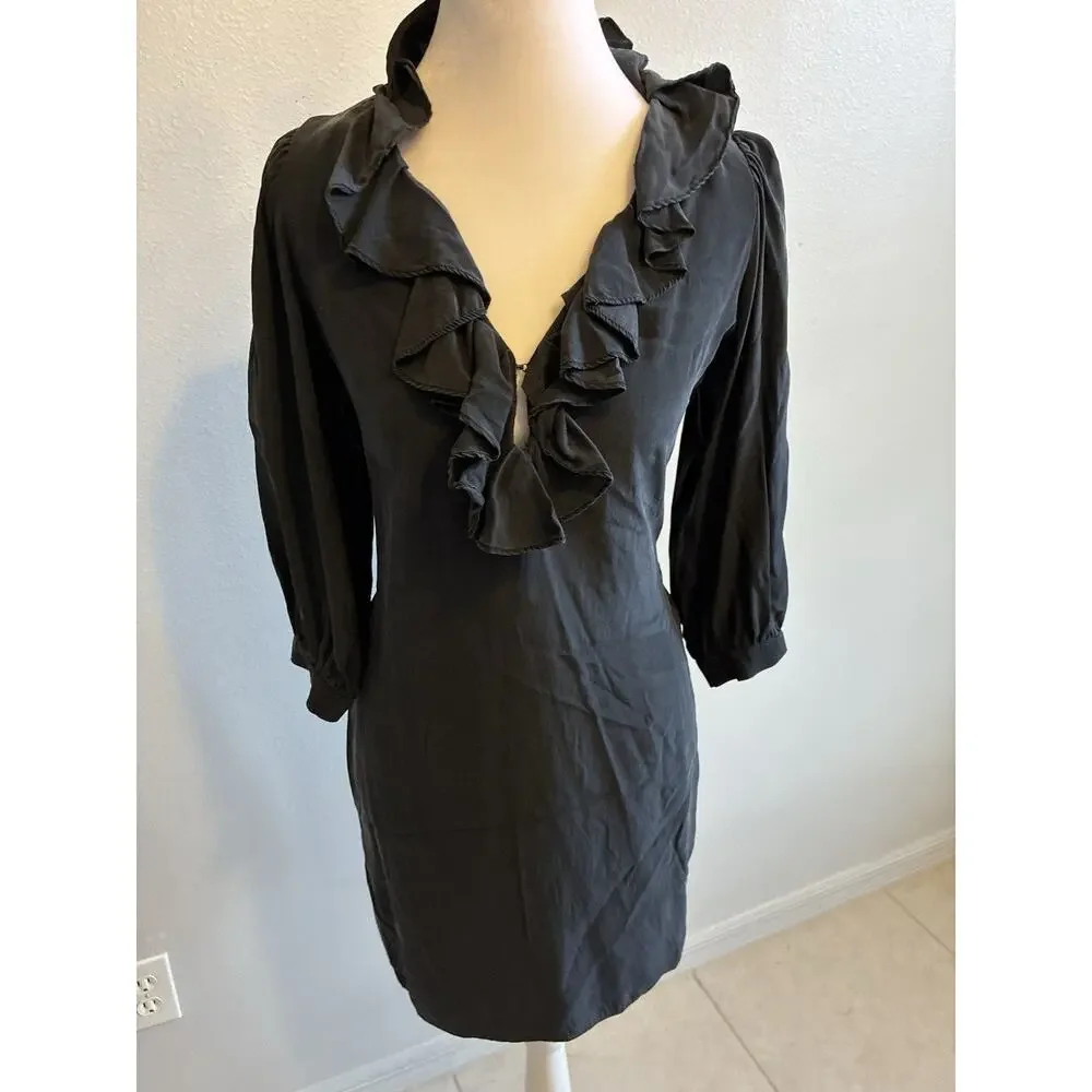 VTG 90s Black Silk Dress Ruffle Collar Whimsygoth Steampunk Vamp Dark Fairy S